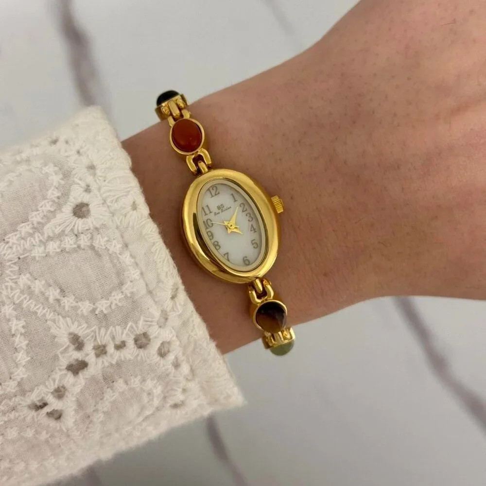 Sku0459 Retro Gold Multicoloured‎ Gemstone Women Watch Bracelet + gift bag